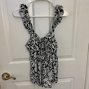 LOFT Black and White Floral Ruffle Strap Tank